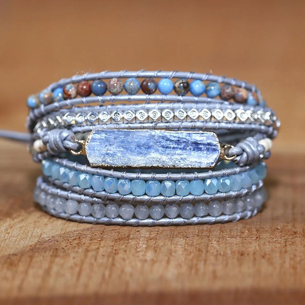 Natural Blue Topaz Gemstone Crystal Leather Braided Bracelet
